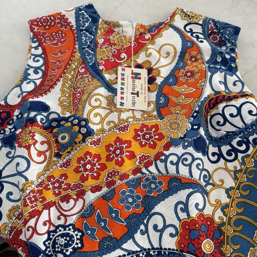 Vintage 70's John Abbott Paisley Shift Dress With Hawaiian Textiles W/Tag! Sz L